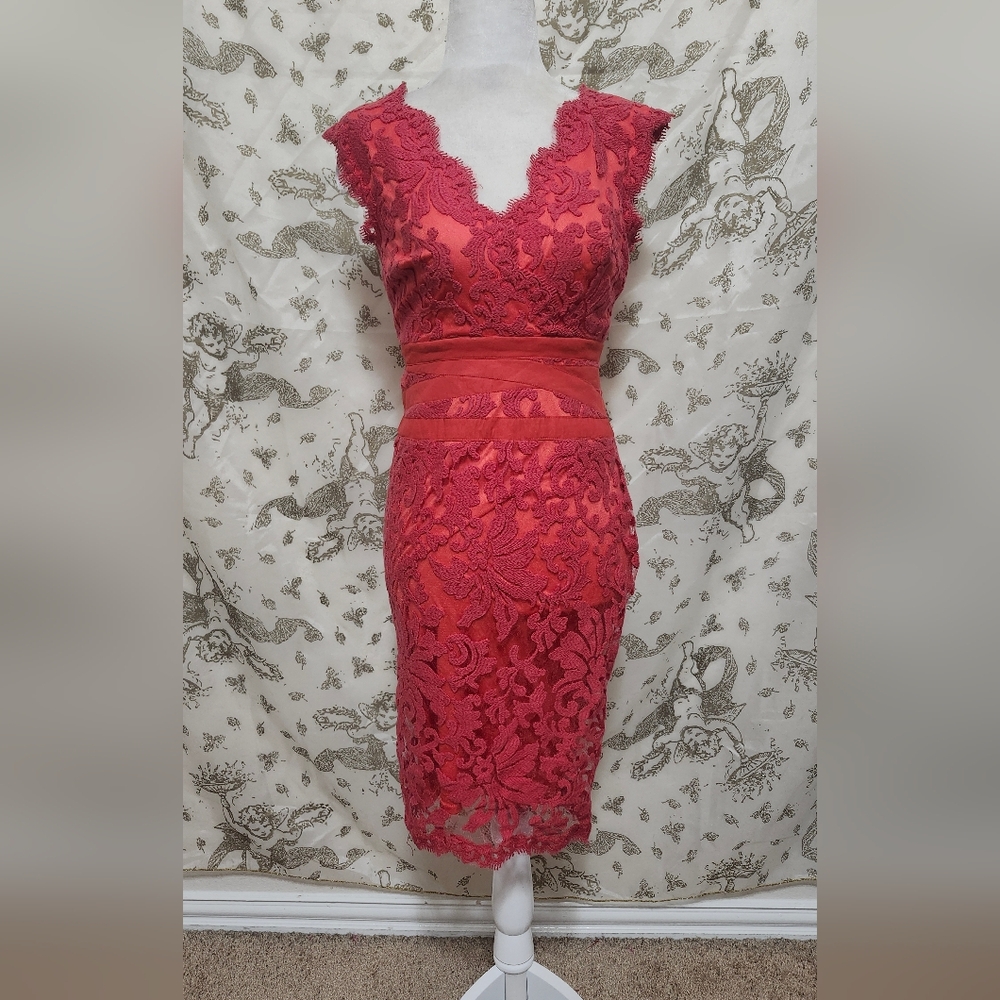 Tadashi Shoji red coral embroidered lace v-neck sheath dress 4P